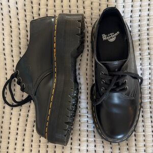 Dr. Martens Black Leather Oxfords with Yellow Stitching